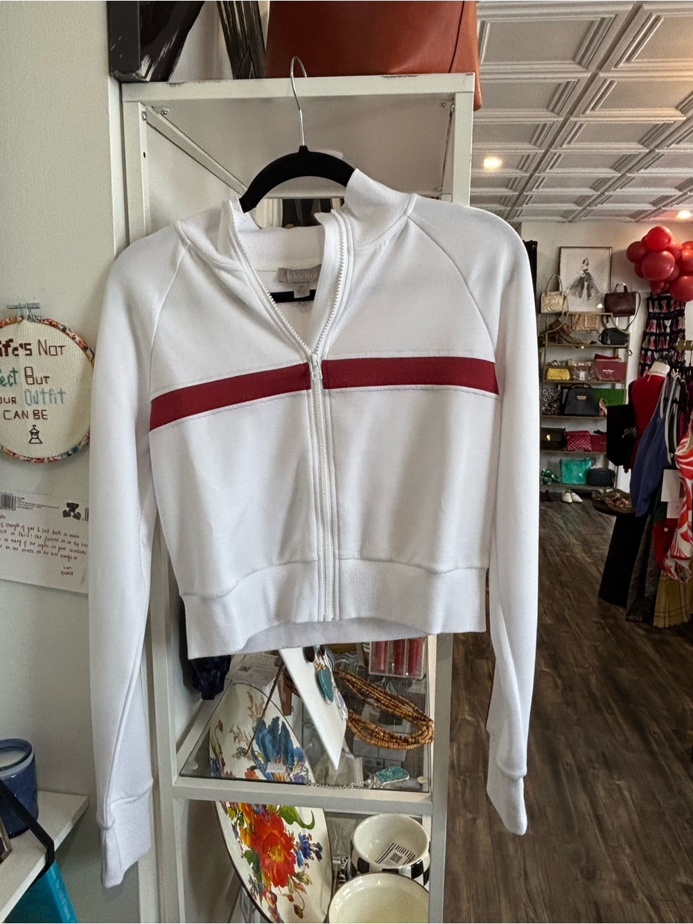 Pickletini Cropped White Zip-Front Jacket with Red Stripe